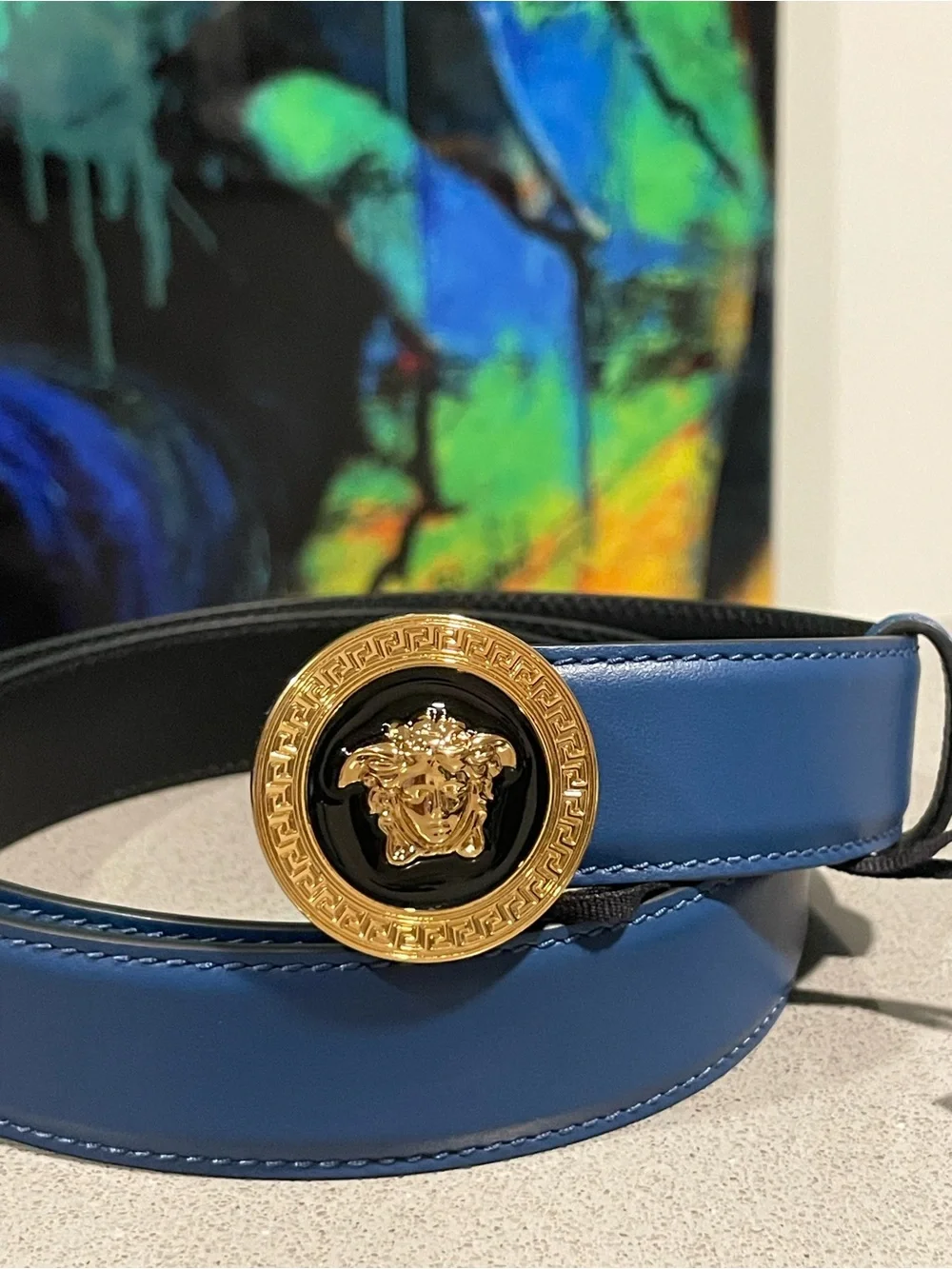 Versace Blue Leather Belt with Gold Medusa Buckle  SZ 110/44